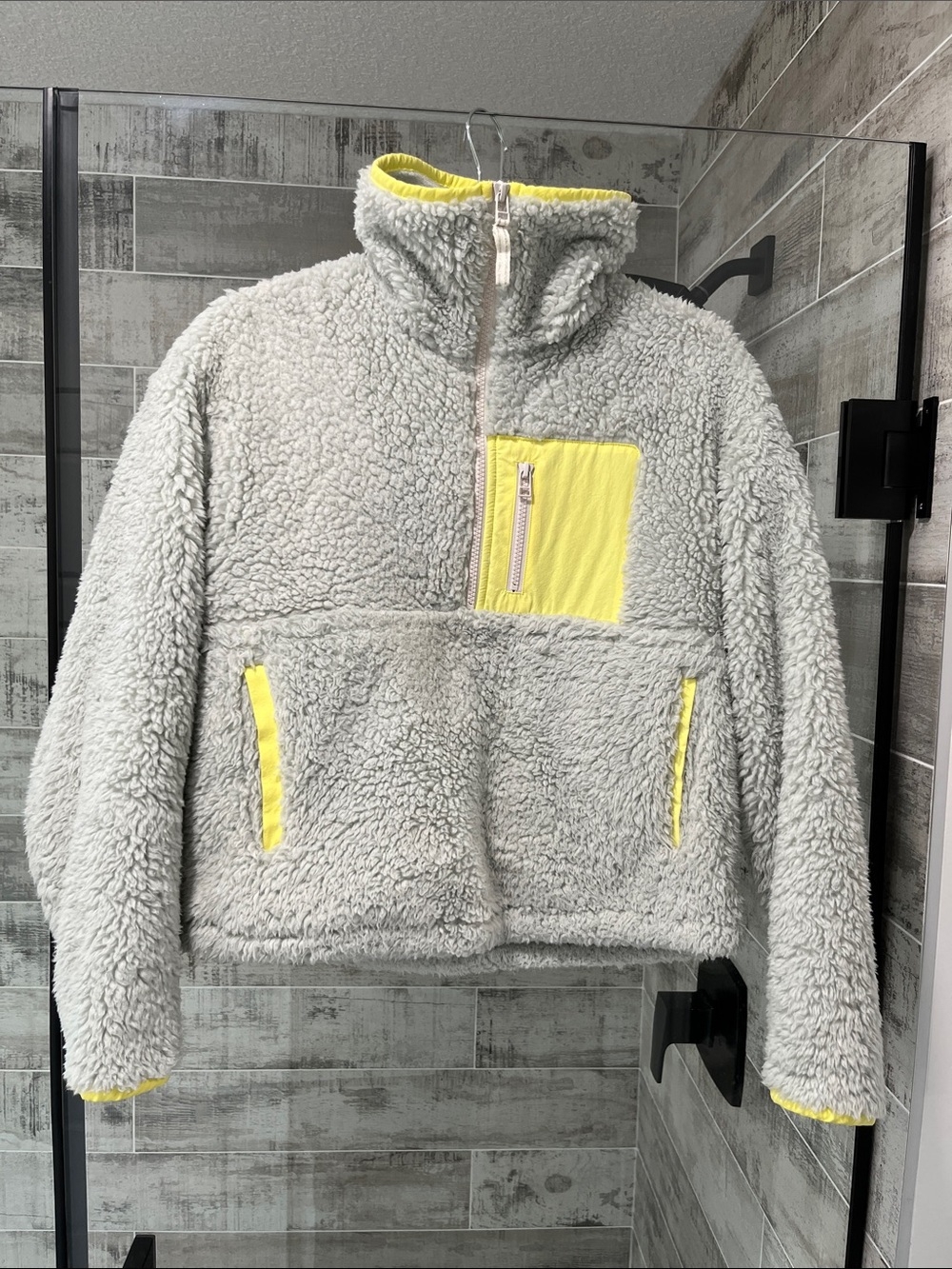 Anthropologie Mint Sherpa Pullover with Yellow Trim